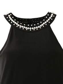 GlowEve 女士时尚串珠露背珍珠装饰黑色派对鸡尾酒礼服，优雅收腰A字中长连衣裙，适合通勤和日常穿着，春夏款 - 黑色 - 查看 5