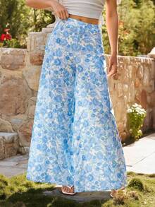 KARISMINA Pantalones anchos y sueltos de mujer con estampado, para vacaciones de primavera/verano - Azul y blanco - Ver 1