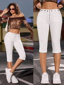 Jeanoix Y2K Women's Zipper Front Pocket Skinny Denim Bermuda Shorts Women Pants Casual High Waist Pants For Women Women S Capris Pants Long Shorts For Women Cropped Pants - White - View 1