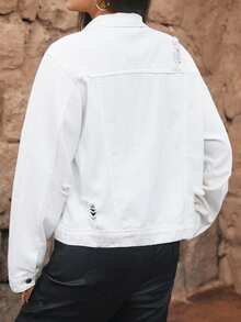 SHEIN ICON Plus Size Casual Solid Color Distressed Denim Jacket - White - View 2