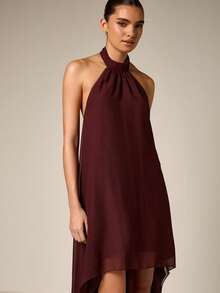 AiiRZ Burgundy Chiffon Halter Neck Maxi Dress Flowing Backless High-Low Hem Evening Wedding Guest Party Dress - Brown - View 4