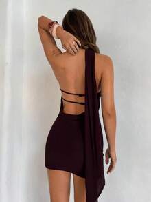 Aloruh 紫色网纱针织露背迷你连衣裙，性感优雅的假日连衣裙 - 紫色 - 查看 4