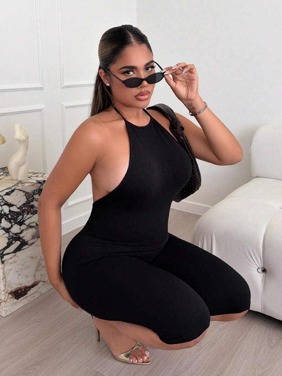 Maria Perezxox 无缝针织露背性感吊带连体裤 - 黑色 - 查看 1