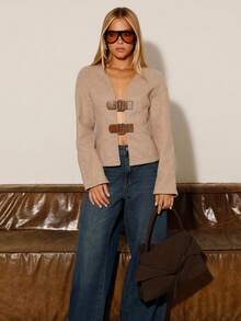 BiaLiraa 女士秋冬款带扣开衫外套 - 鏽棕色 - 查看 7