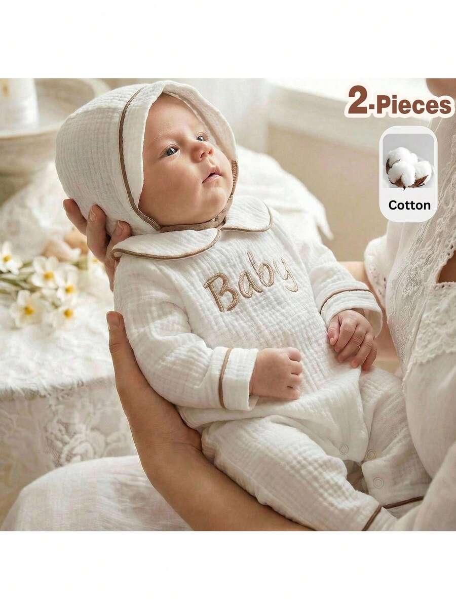 Loomiva Newborn Baby Girl/Boy Letter Print Lapel Long Sleeve Jumpsuit 2pcs Set - Multicolor - View 1