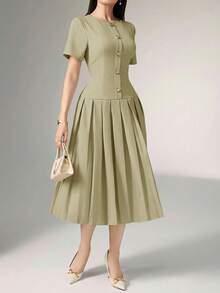 Heiryn Elegant Commuter Asymmetric Pleated Dress For Women - Green - View 3