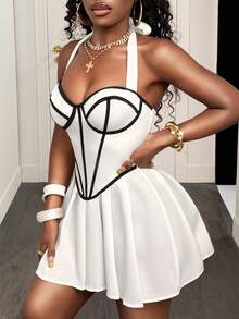 SHEIN BamGlam Summer Sexy Contrast Trim Ruched Hem Backless Halter Dress - White - View 7