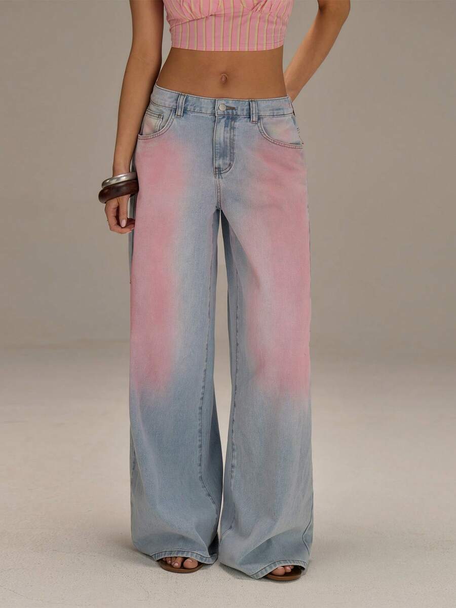 Athîral 女士口袋宽松阔腿休闲百搭牛仔裤 - 淺色水洗藍 - 查看 1