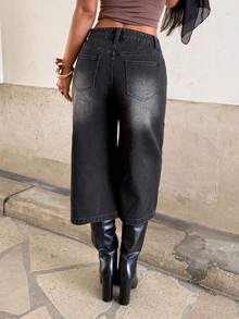 StreetHx Street-Style Washed Embroidered Slant Pocket Capri Jeans - Black - View 2