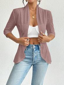 Firerie Women's Autumn/Winter Elegant Chic Modes Basic Simple Ribbed Mid-Sleeve Turndown Collar Ruffle Hem Cinched Waist Jacket Fall Clothes - Dusty Pink - View 7