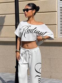 Muchica 女士休闲字母印花套装 - 白色 - 查看 4