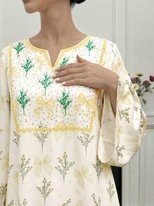 Yasmyna 女士优雅蝴蝶花卉印花喇叭袖阿拉伯风格连衣裙 - 黃色 - 查看 5