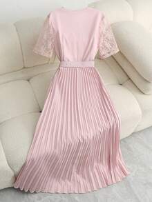 SHEIN LUNE Women's Soft Pink Pleated Dress,Elegant Summer V-Neck Lace Panel Short Sleeve Cinched Waist Gown,Perfect For Tea Party,Wedding,Easter & Holiday - Pink - View 6