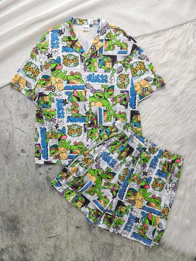 TEENAGE MUTANT NINJA TURTLES | SHEIN メンズ レター&カートゥーンプリント 半袖トップ ショーツ カジュアルルームウェアセット
