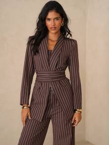 Glamine 女士棕色披肩领三件套西装套装，女士休闲通勤百搭套装，适合办公室、通勤、外出等场合，宽松休闲三件套西装套装，女士裤装套装，女士西装套装，女士西装外套套装，女士三件套西装套装 - 棕色 - 查看 5