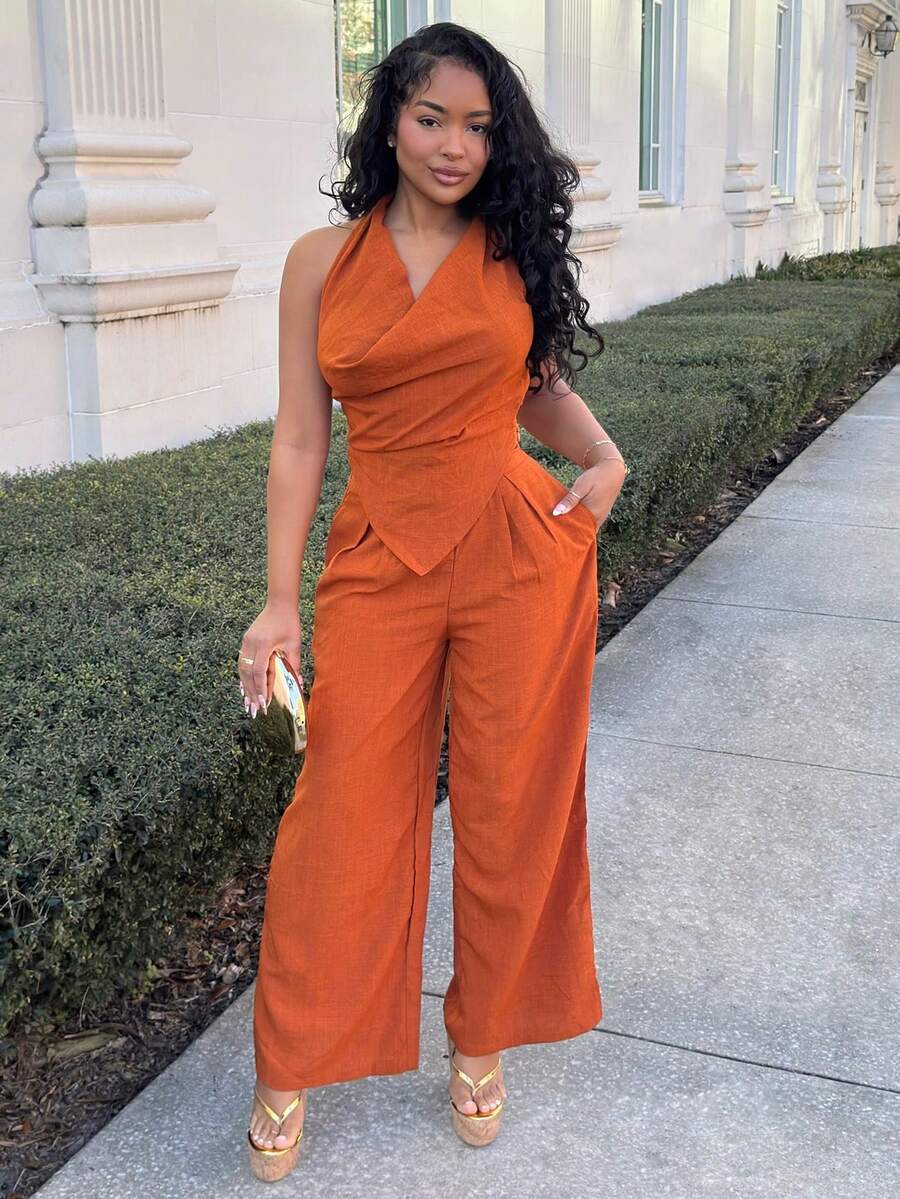 Alexandranx 2025 年春夏新款音乐节、复活节、圣帕特里克节、西部风、游牧风、生日派对、毕业典礼、学院风、学生风、日常穿着、休闲装、度假装、邮轮旅行、海滩装、日光浴装、网络流行装、街头服饰、婚礼宾客波西米亚风、通勤装、早午餐装、机场装、不对称领带结设计棕色纹理短款上衣和阔腿亚麻裤两件套 - 棕色 - 查看 1