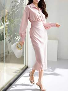 Heiryn 女士春季优雅通勤简约纯色落肩宽松褶裥腰部中长连衣裙 - 粉色 - 查看 4