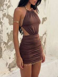 Aloruh Đầm ngắn màu cà phê đính cườm phong cách Bohemian, đầm nghỉ mát màu nâu thanh lịch, gợi cảm, hở lưng. - Cà phê - Xem 2