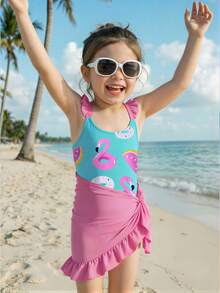 Conjunto de 2 piezas de traje de baño de una sola pieza con estampado de flamenco y donut para niña en vacaciones de playa - Multicolor - Ver 4