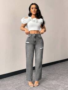 EMERY ROSE Jeans rectos ajustados y desgastados con bolsillos para mujer - Gris - Ver 5