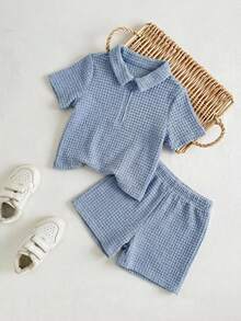 SHEIN 2pcs Baby Boy/Girl Soft Knit Polo Collar Short Sleeve Half-Zip Jacket And Casual Shorts Set,Blue,Summer,Casual,City Break,Korean Style Kids Outfits - Blue - View 6