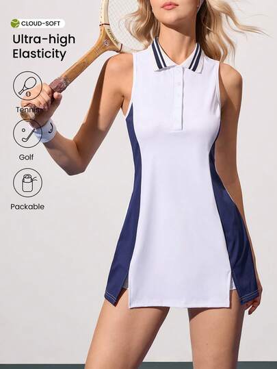 CourtClass 女士撞色 Polo 领休闲运动网球衫，春夏女士网球裙匹克球裙无袖 Polo 裙高尔夫网球裙女士运动裙