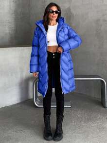 EURMUSE Women Solid Color Zipper And Pocket Detailed Long Winter Coats - Blue - View 4