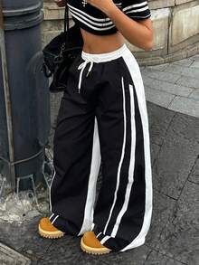 Coolane 女士撞色梭织休闲裤 - 黑與白 - 查看 4