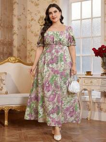 Reflora 大码女式印花褶皱方领泡泡袖优雅连衣裙 - 彩色 - 查看 10