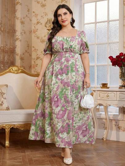 Reflora Vestido elegante de manga abullonada con cuello cuadrado y pliegues con estampado floral para mujer de talla grande