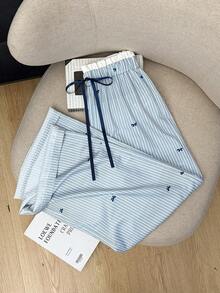 GlowEve Women's Casual Wide Leg Printed Striped Bow Tie Long Pants - Blue and White - View 1