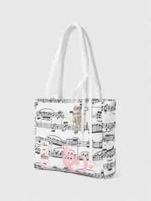 ROMWE Kawaii Bolso de hombro portátil de gran capacidad con gráfico de figura para mujeres - Partituras blancas - Ver 2