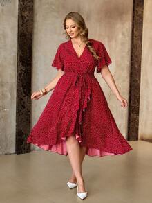 Roveilla Vestido cruzado con volantes asimétricos y cuello cruzado para mujer de talla grande en rojo, vestido de lunares rojos, vestido de lunares, vestidos de lunares para mujer, vestido cruzado de mujer, vestidos retro para mujer, vestido rojo midi, vestido midi de lunares, vestido rojo, vestidos de lunares para mujer, vestido de Brigerton, vestido vintage de lunares, vestido vintage para mujer, vestidos casuales, vestidos de lunares para mujer - Rojo - Ver 2