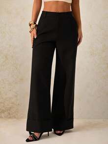 SHEIN PETITE 女士黑色纯色斜纹梭织纽扣口袋简约低腰休闲裤，适合通勤、休闲外出、复古风格、办公室穿着，春夏皆宜 - 黑色 - 查看 3