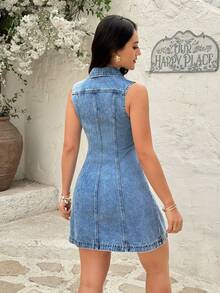 Rivivi Fashionable Turndown Collar Button Washed Sleeveless Denim Dress - Light Wash - View 2