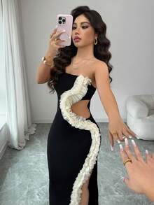 Rafferiza Women's Elegant Black And Cream Summer Dress,Tight-Fitting Hollowed-Out Waist Slit Irregular Floral Design, Night Out Dress For Wedding Banquet - Black - View 8