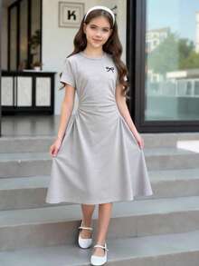 1pc Big Girls' Fresh & Sweet Long Dress, Youthful & Soft Vibe, Straight Casual Design, Non-Fuzzy Structure, Suitable For Spring/Summer Outings And Gatherings - Grey - View 1