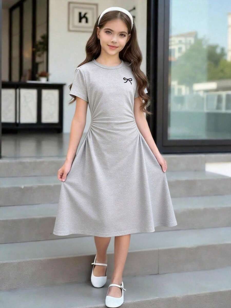 1pc Big Girls' Fresh & Sweet Long Dress, Youthful & Soft Vibe, Straight Casual Design, Non-Fuzzy Structure, Suitable For Spring/Summer Outings And Gatherings - Grey - View 1