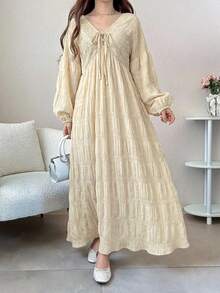 FRIFUL Women's Brown Textured Fabric Drawstring Tie Waist Dress, Long Dress For Autumn Outings - Beige - View 4