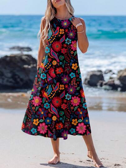 SHEIN LUNE Vestido de mujer casual de longitud media con estampado floral colorido, adecuado para vacaciones de primavera y verano, ropa bohemia, vestidos de verano elegantes y casuales para mujer