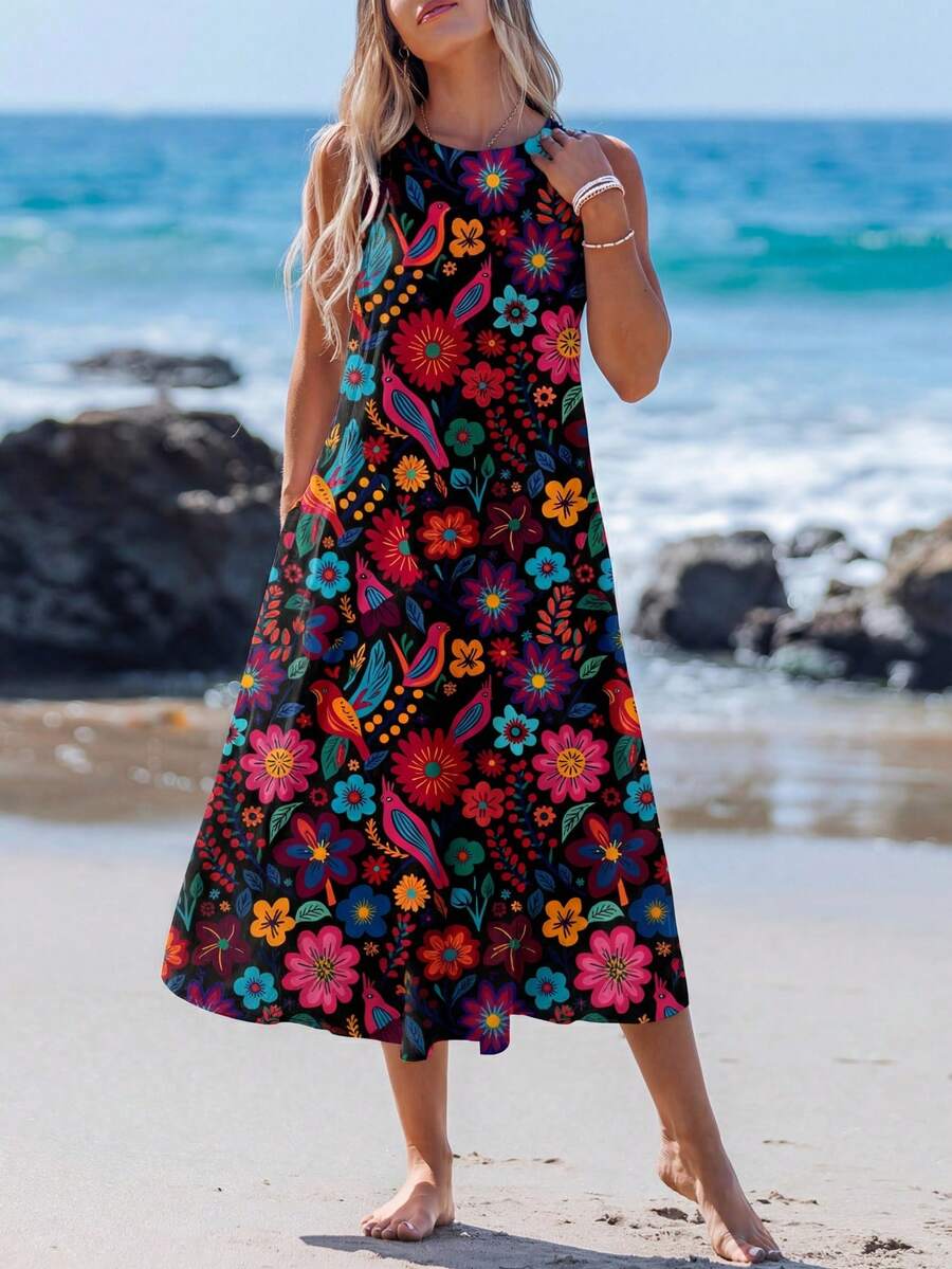 Sylviya 女士休闲彩色碎花中长连衣裙，适合春夏度假，波西米亚风服装，女士夏季时尚连衣裙，休闲款 - 彩色 - 查看 1