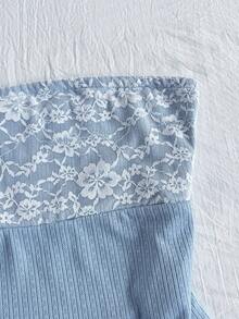 INAWLY 女士优雅蕾丝拼接不对称下摆抹胸上衣，夏季 - 藍色 - 查看 3