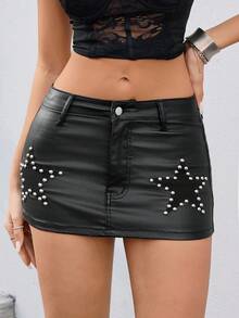 Flirla Y2K Low Waist Fashion Star Studded PU Coated Mini Skirt - Black - View 5
