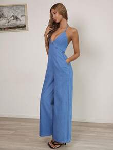 Sunnyshic 女士露背吊带牛仔连体裤，休闲度假装 - 藍色 - 查看 8