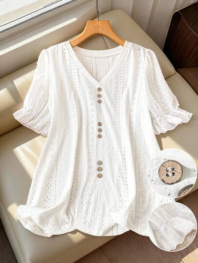 GlowEve CURVE Plus Size Women Casual Patchwork Versatile T-Shirt White Eyelet Top Eyelet Blouse White Eyelet Blouse Summer Blouses For Women Eyelet Top For Women