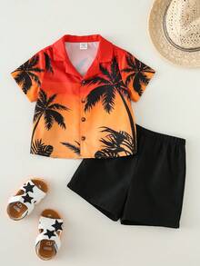 SHEIN Bộ áo sơ mi ngắn tay và quần short in hình cây dừa phong cách nghỉ mát mùa xuân/hè cho bé trai và bé gái, bộ đồ đi nghỉ mát cho bé, phong cách Hawaii. - trái cam - Xem 4