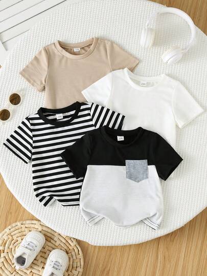 SHEIN 4pcs/Set Unisex Baby Boy/Girl Casual Cute Striped Color Block & Solid Short Sleeve T-Shirt Set, Baby Short Sleeve Top