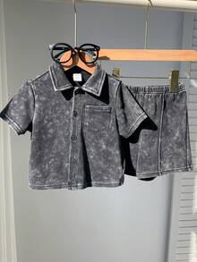 SHEIN 2件套男女宝宝休闲时尚扎染雪花黑色短袖针织衫短裤套装，男宝宝套装，短袖上衣 - 黑色 - 查看 5