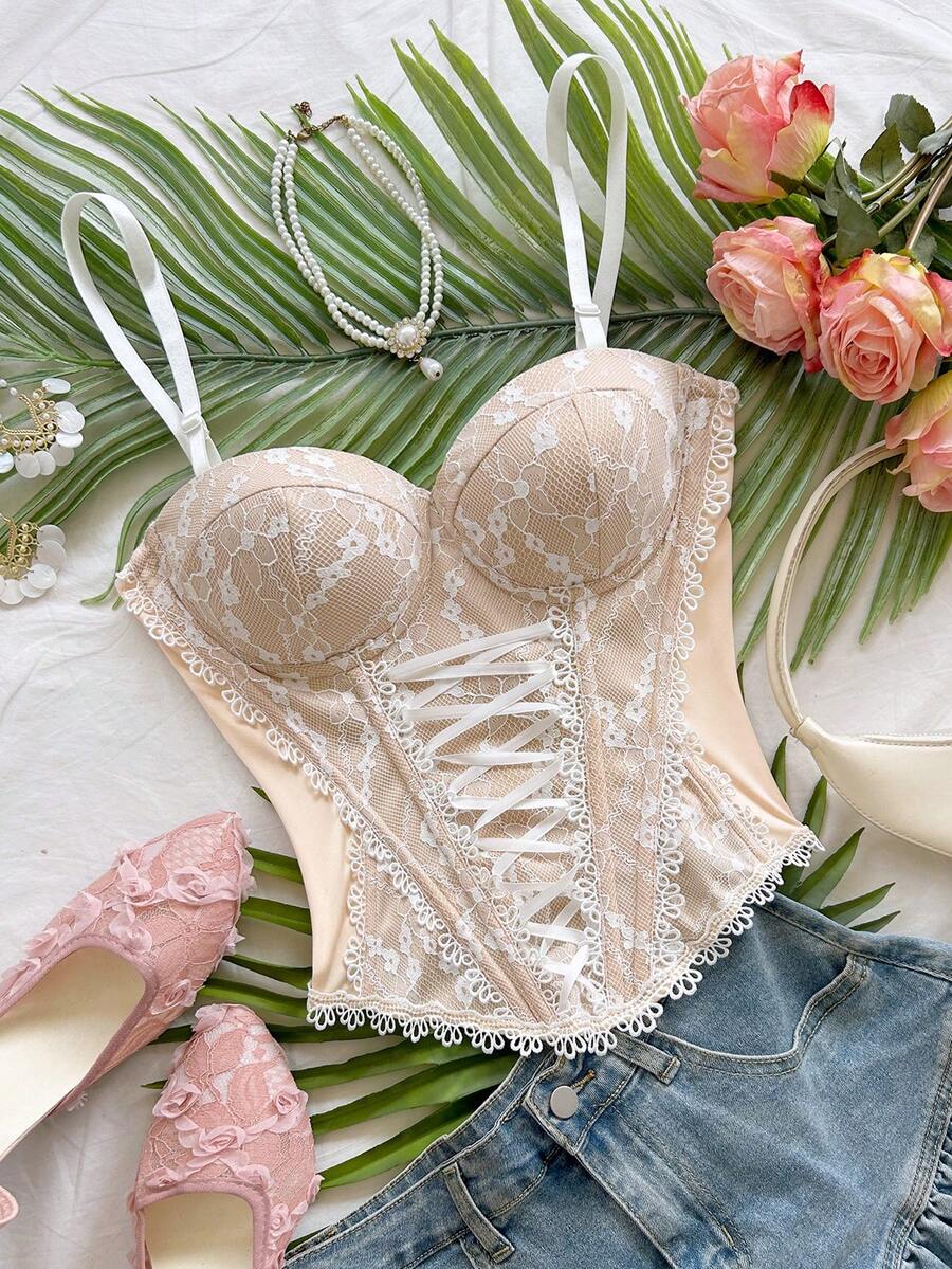 Soleia Women Lace-Up Camisole, Fitted Versatile Daily Wear Top - Apricot - View 1