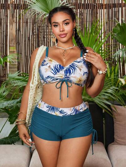 Swim Lushoire Conjunto de bikini de 2 piezas de talla grande para mujer con parte superior de camisola anudada y shorts con estampado floral de verano
